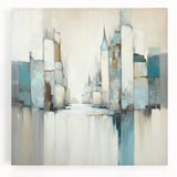 Abstract architectural wall art on stretched canvas showcasing geometric shapes in vibrant blue, orange, and yellow tones, perfect for modern home decor.