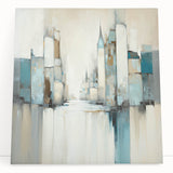 Abstract architecture wall art on stretched canvas, showcasing geometric shapes and vibrant colors, perfect for modern home decor. The artwork leans against a neutral wall.