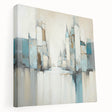 Abstract architecture wall art on stretched canvas showcasing geometric shapes and vibrant colors, viewed from the side, perfect for modern home decor.