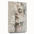 Abstract figurative wall art displayed from a side view, featuring vibrant colors and dynamic shapes on acrylic glass, secured with stylish pins.