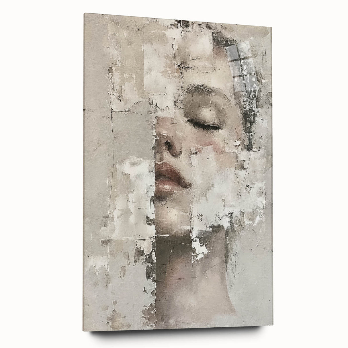 Abstract figurative wall art displayed in a side view, showcasing vibrant colors and dynamic shapes within an acrylic glass frame, ideal for modern decor.