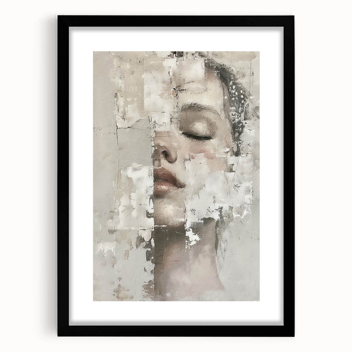Abstract figurative wall art in a black frame with a mat, showcasing bold colors and dynamic shapes, perfect for modern home decor or art enthusiasts.