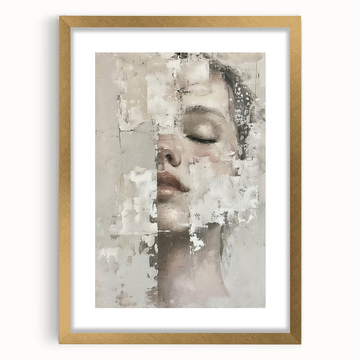 Abstract figurative wall art featuring a gold-framed design with a mat, showcasing vibrant colors and dynamic shapes, perfect for modern home decor.