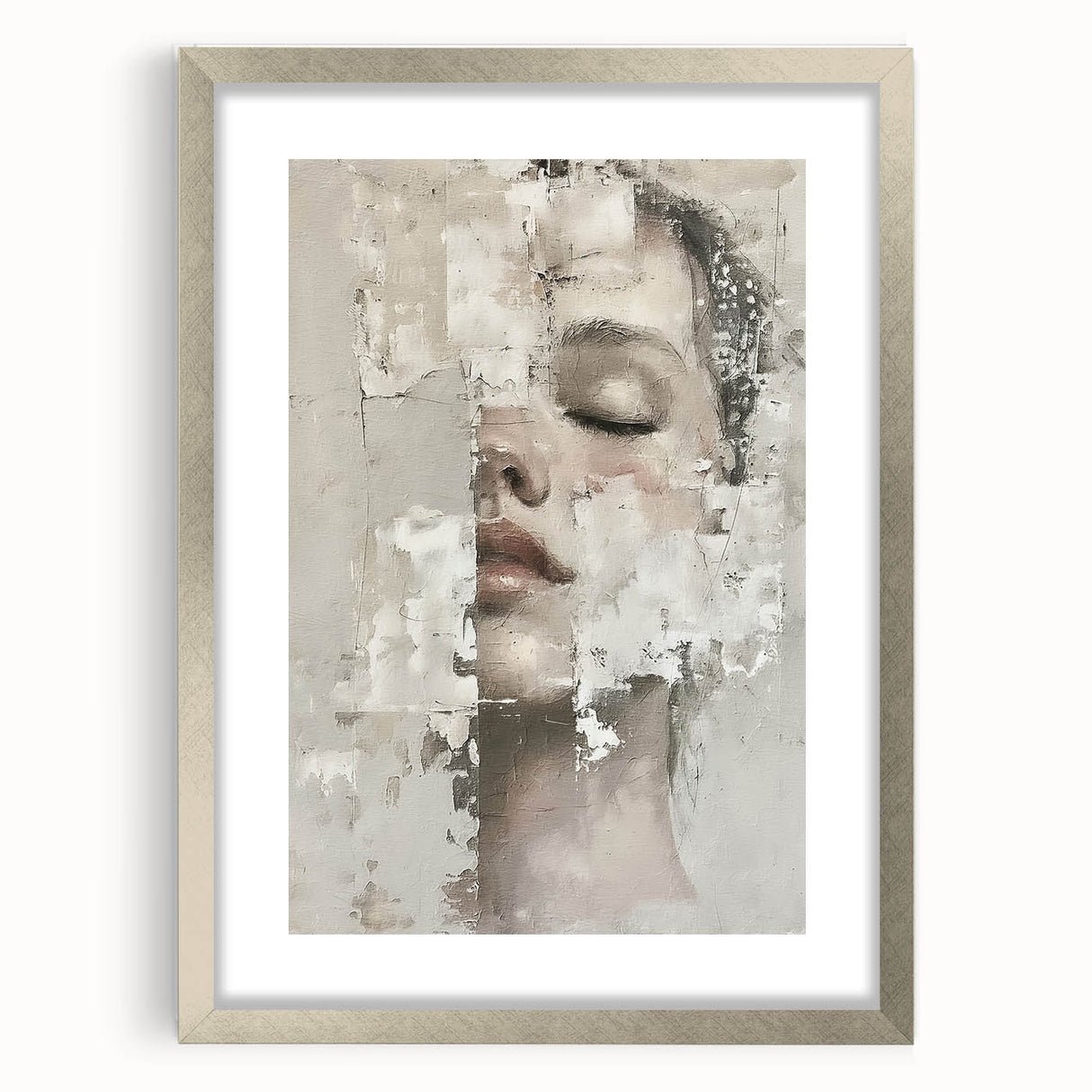 Abstract figurative wall art framed in silver with a white mat, showcasing a modern design that adds elegance to any interior decor. Ideal for contemporary spaces.