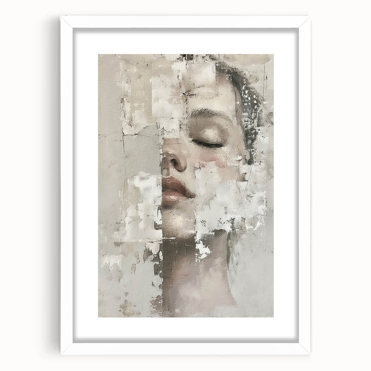 Abstract figurative wall art framed with a white mat, showcasing vibrant colors and dynamic shapes, perfect for modern home decor and artistic expression.
