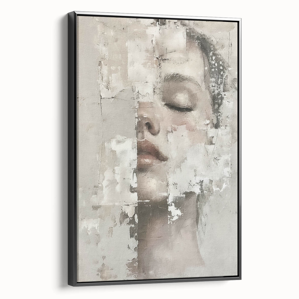 Framed abstract figurative wall art in black, showcasing a modern design with intricate details, displayed from a side view against a neutral background. Perfect for contemporary home decor.