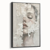 Framed abstract figurative wall art in black, showcasing a modern design with intricate details, displayed from a side view against a neutral background. Perfect for contemporary home decor.