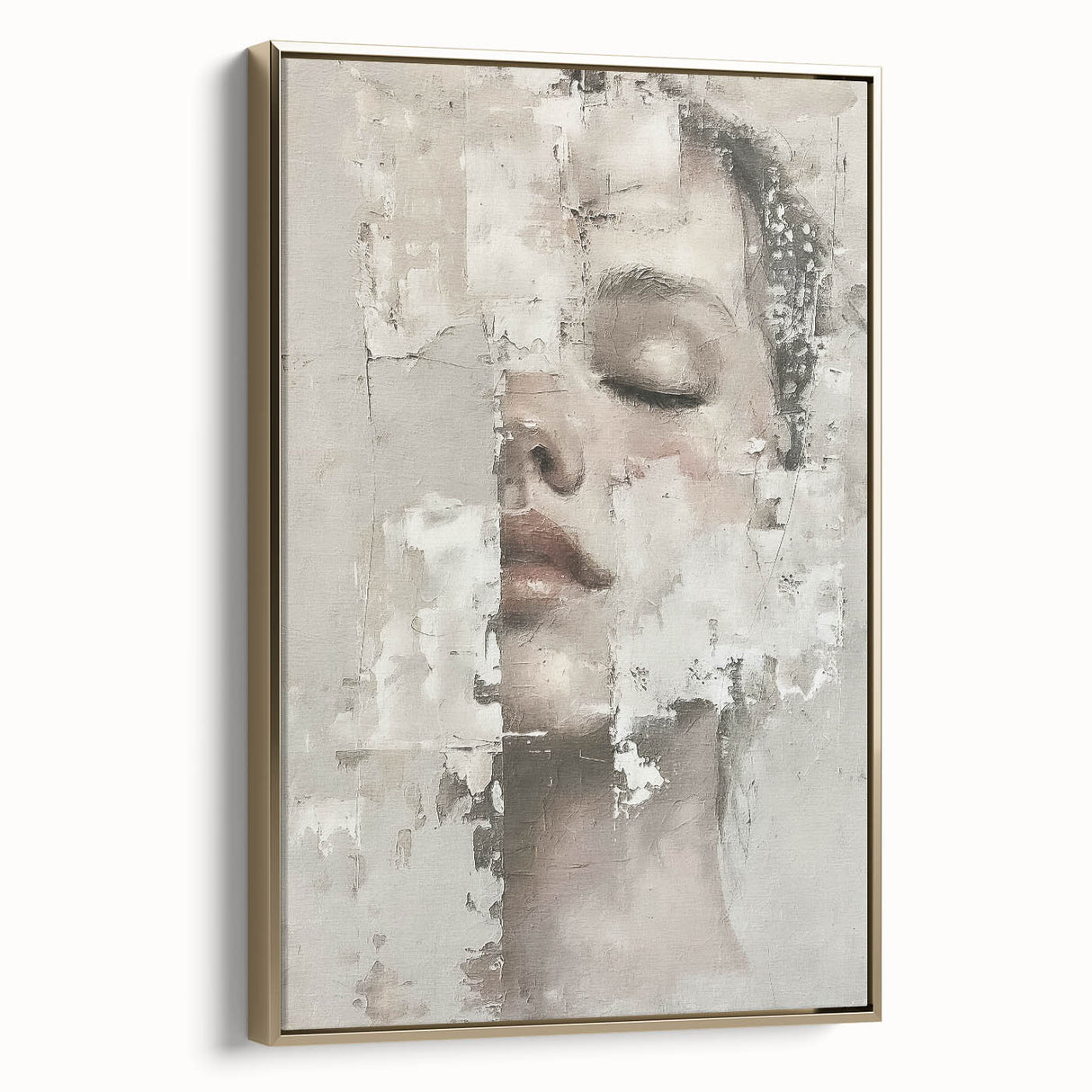 Framed abstract figurative wall art in gold tones, showcasing dynamic shapes and textures, ideal for modern decor. Side view highlights its elegant design.