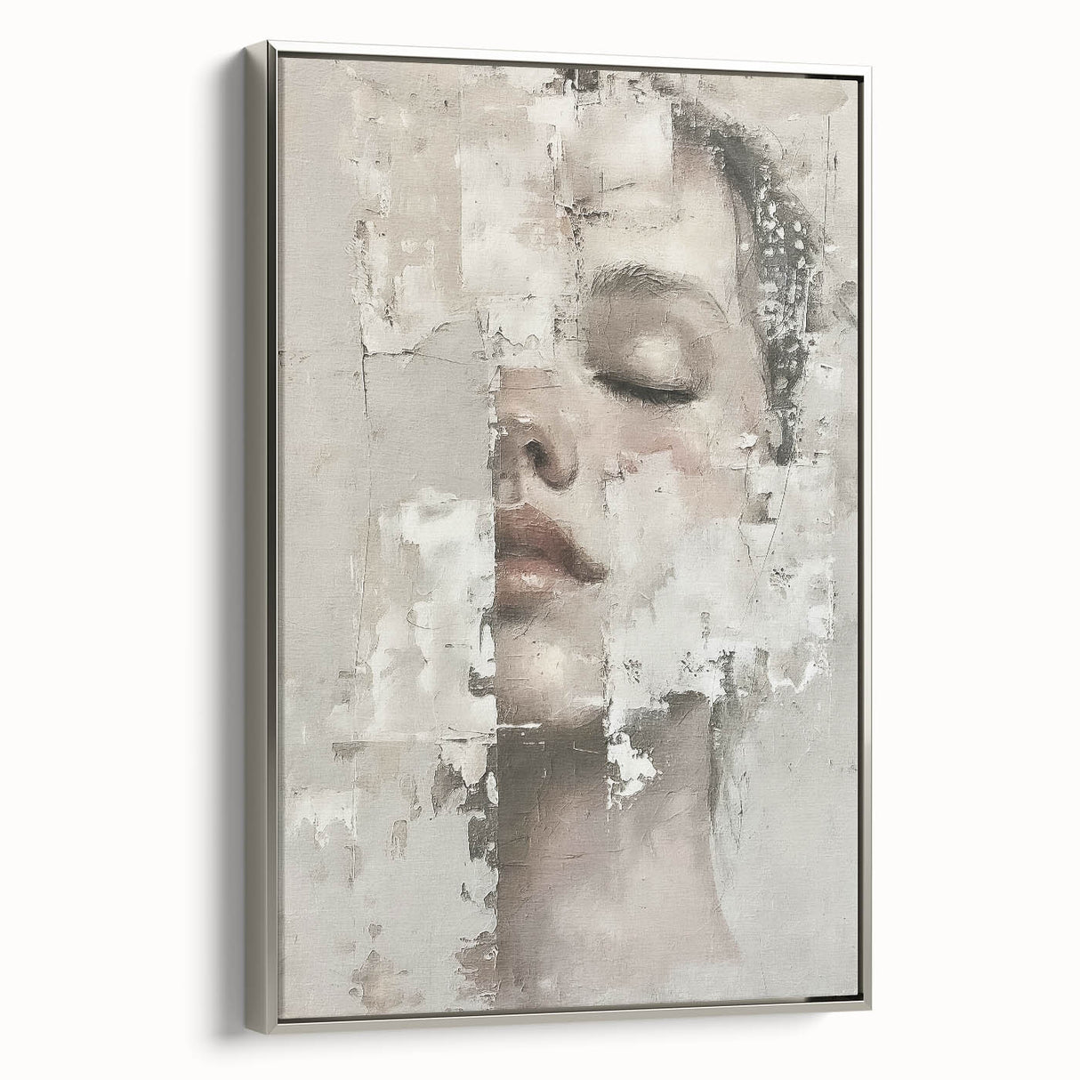 Abstract figurative wall art featuring a silver-framed canvas with dynamic shapes and muted colors, perfect for modern home decor. Ideal for enhancing contemporary interiors.