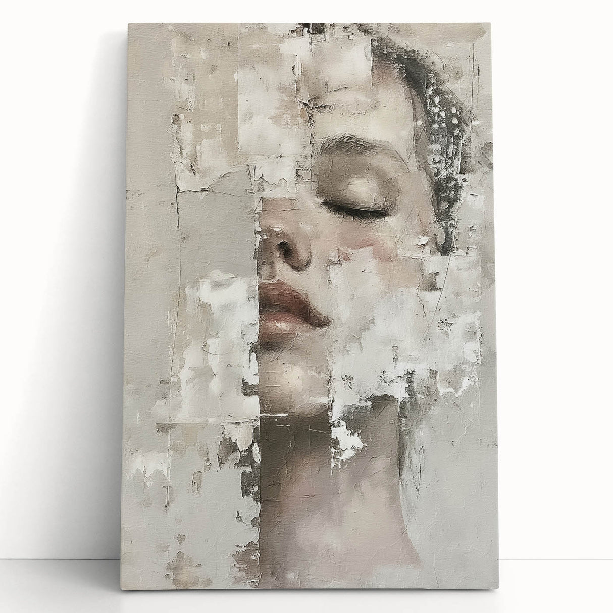 Abstract figurative wall art on stretched canvas, featuring vibrant colors and dynamic shapes, leaning against a wall, perfect for modern home decor.