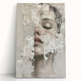 Abstract figurative wall art on stretched canvas, featuring vibrant colors and dynamic shapes, leaning against a wall, perfect for modern home decor.