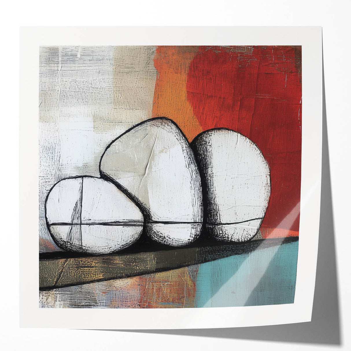 Abstract geometric print mockup featuring vibrant colors and sharp angles, displayed in a glossy finish to enhance visual appeal for modern art decor.