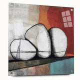 Abstract geometric acrylic glass artwork showcasing vibrant colors and intricate patterns, displayed side view with pins for mounting. Ideal for modern home decor.