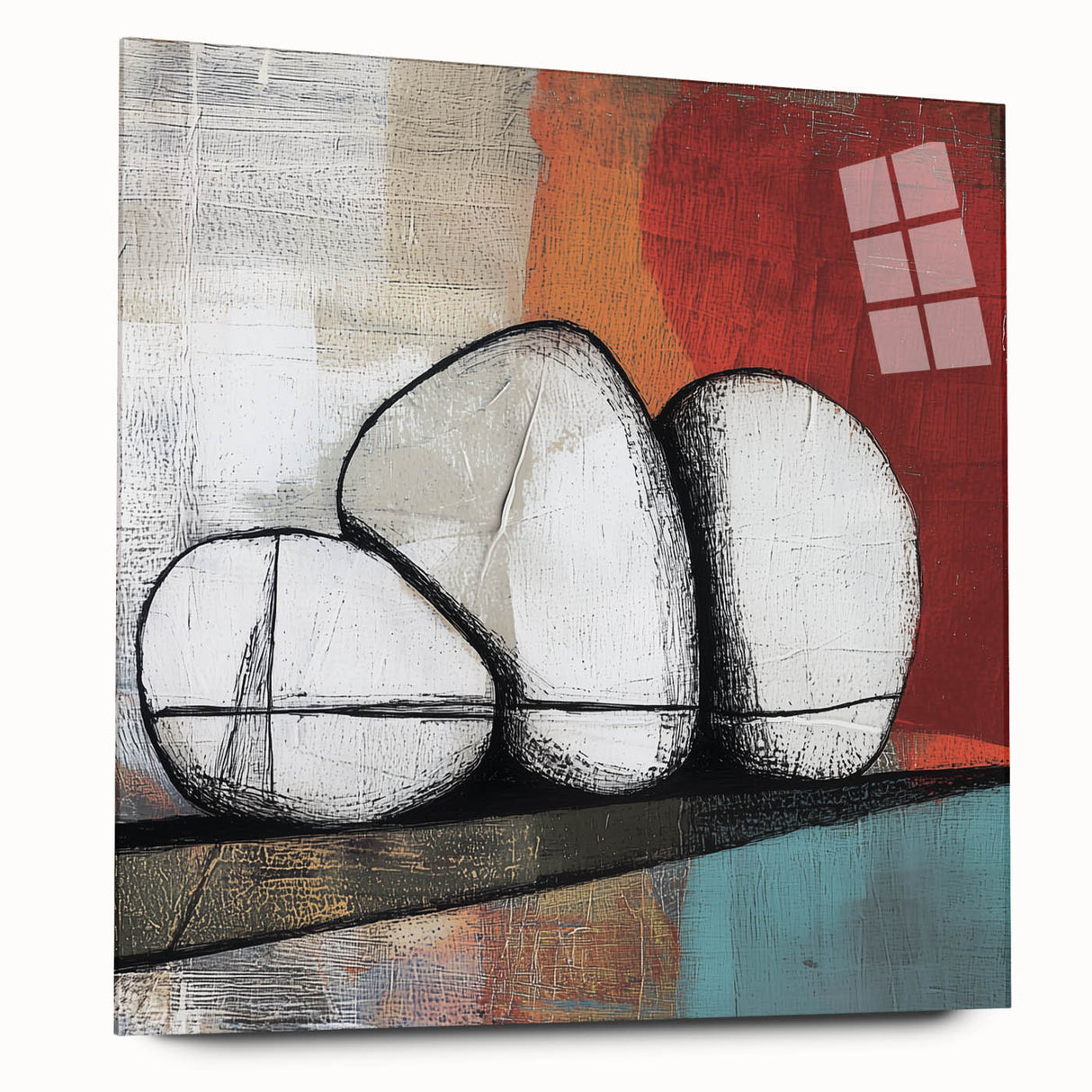 Abstract geometric acrylic glass artwork showcasing a vibrant blend of blue and orange shades, displayed from a side view without pins, perfect for modern interior decor.