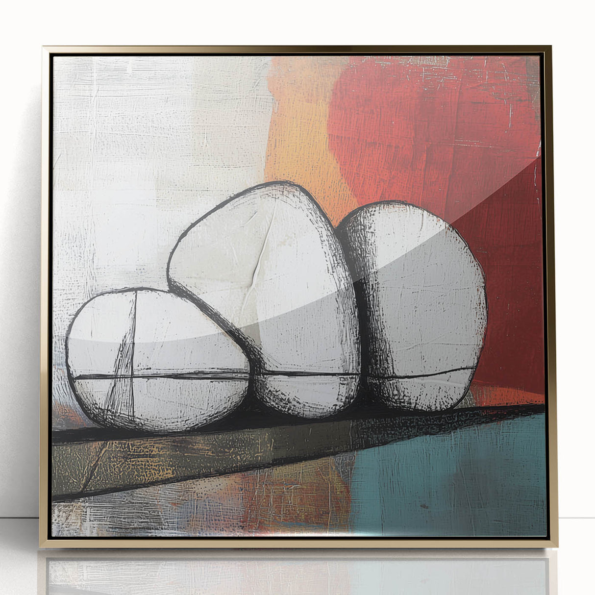 Abstract geometric framed acrylic artwork in gold tones, showcasing intricate shapes on a clear background, ideal for modern home decor.