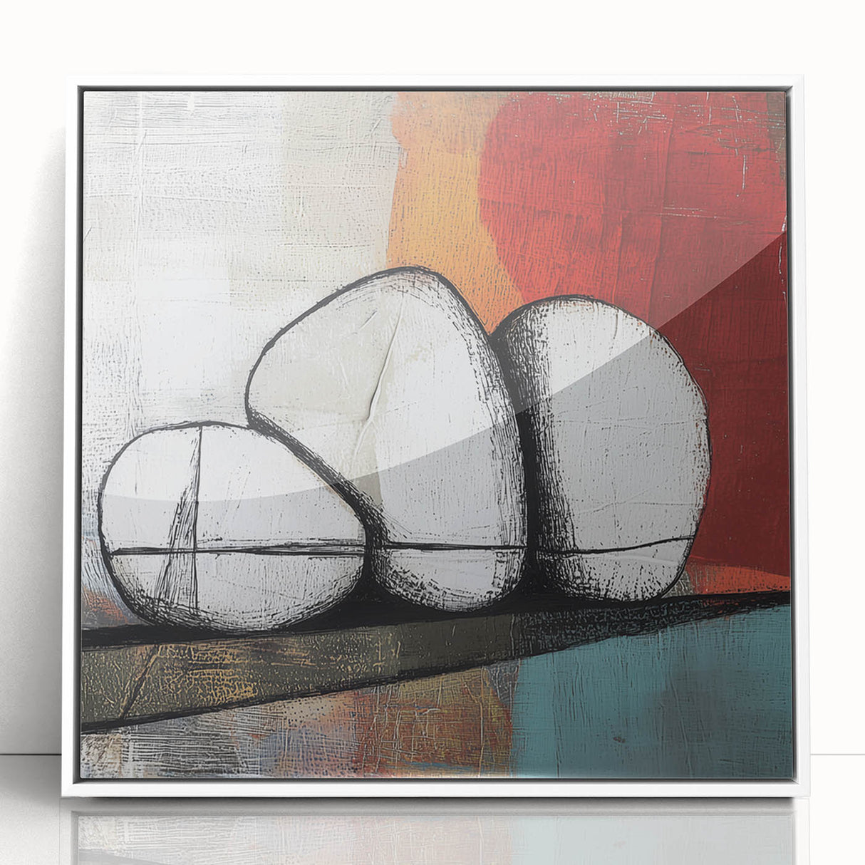 Framed acrylic artwork showcasing an abstract geometric design in shades of blue and white, perfect for modern home decor, displayed against a bright backdrop.