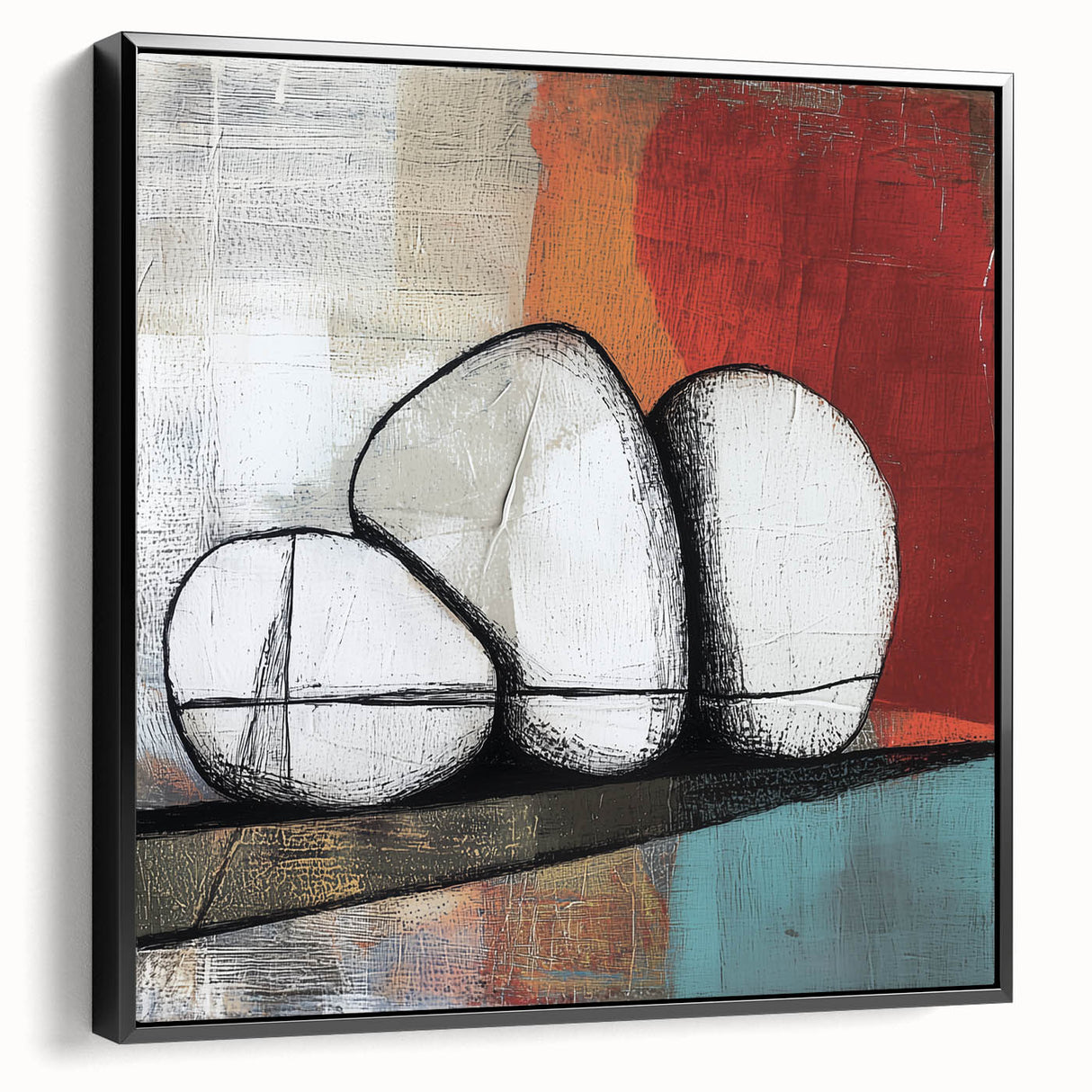 Abstract geometric framed canvas artwork in black, showcasing intricate patterns and a modern design, ideal for contemporary home decor. The side view highlights its sleek frame and vibrant composition, making it a striking focal point for any room.