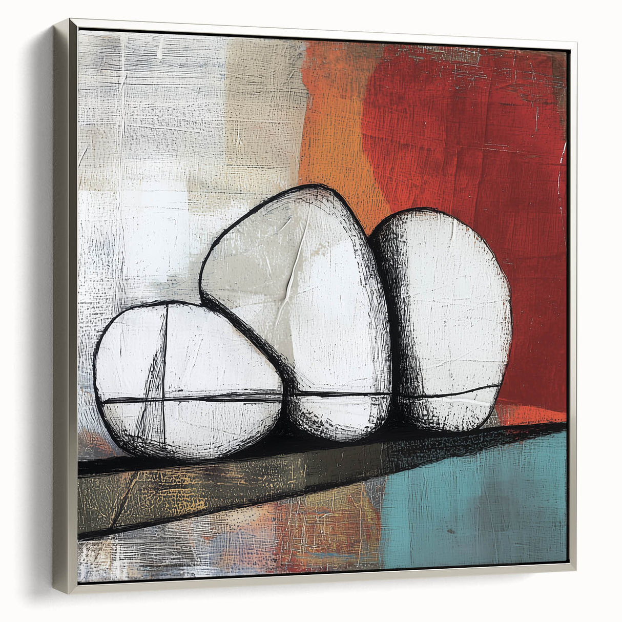 Framed silver abstract geometric canvas artwork showcasing sharp angles and modern design, perfect for contemporary home decor or office spaces.