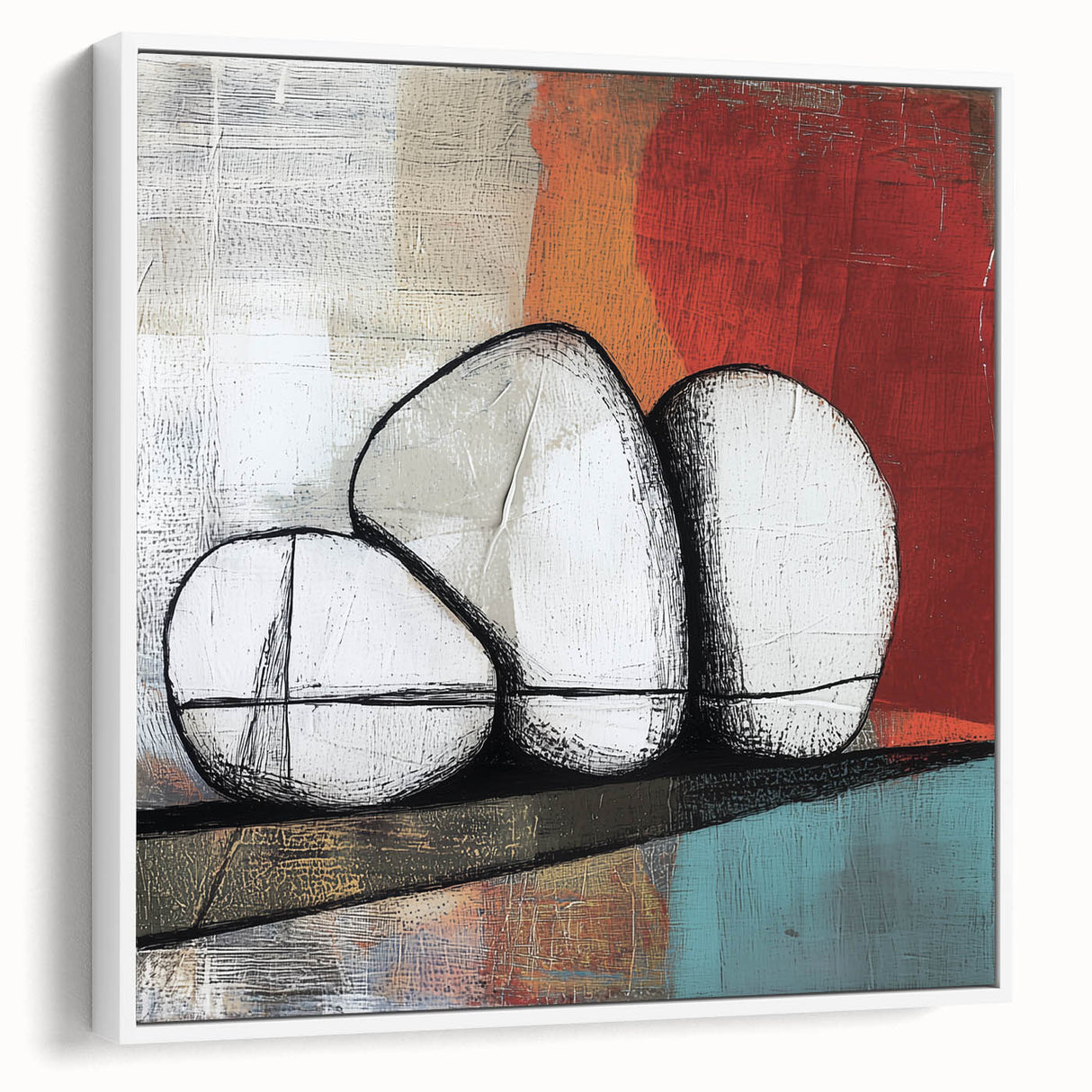 Abstract geometric framed canvas artwork showcasing a modern design with white and subtle gray tones, ideal for contemporary home decor enhancement.