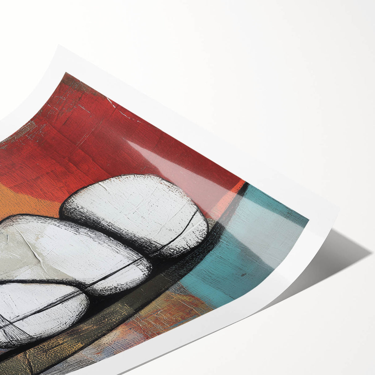 Abstract geometric rolled print showcasing vibrant blue and orange shapes, ideal for modern decor. Packaged securely in a cardboard tube for safe delivery.