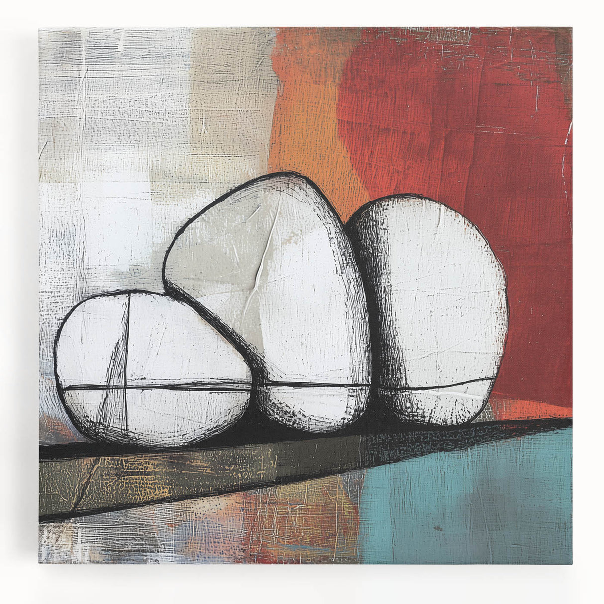 Abstract geometric stretched canvas artwork showcasing vibrant blue and orange shapes, perfect for modern home decor. Ideal for adding a contemporary touch to living spaces.