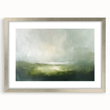 Abstract landscape wall art framed in silver with a white mat, showcasing soft colors and flowing patterns that enhance modern decor aesthetics. Ideal for contemporary living spaces.