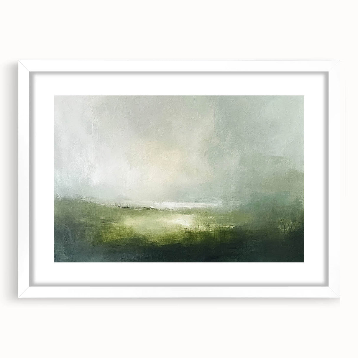 Abstract landscape wall art in a white frame with a mat, showcasing vibrant colors and fluid shapes, ideal for modern home decor. Perfect for adding a serene touch to any living space.
