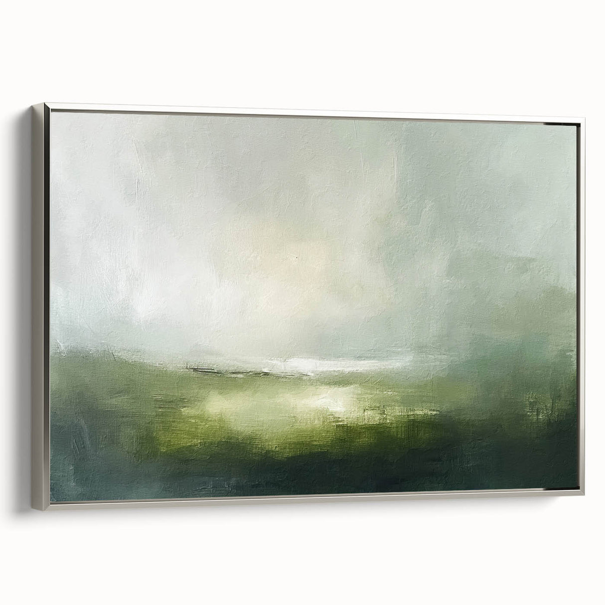 Framed abstract landscape wall art featuring silver accents and a textured surface, showcasing a modern design perfect for contemporary home decor.