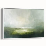 Framed canvas artwork showcasing an abstract landscape in soft earth tones, displayed from a white side view, ideal for modern home decor.
