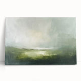 Abstract landscape wall art on stretched canvas, featuring vibrant colors and flowing forms, ideal for modern home decor and artistic expression. The piece leans against a neutral wall, showcasing its vivid hues and unique design elements.