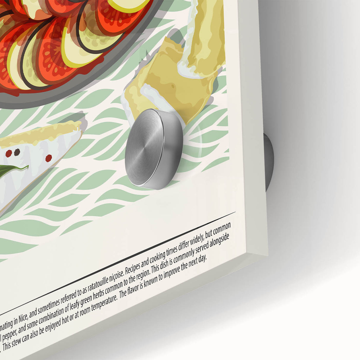Mid-century modernist large art print on acrylic glass featuring an abstract array of food dishes in muted earth tones.