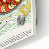 Mid-century modernist large art print on acrylic glass featuring an abstract array of food dishes in muted earth tones.