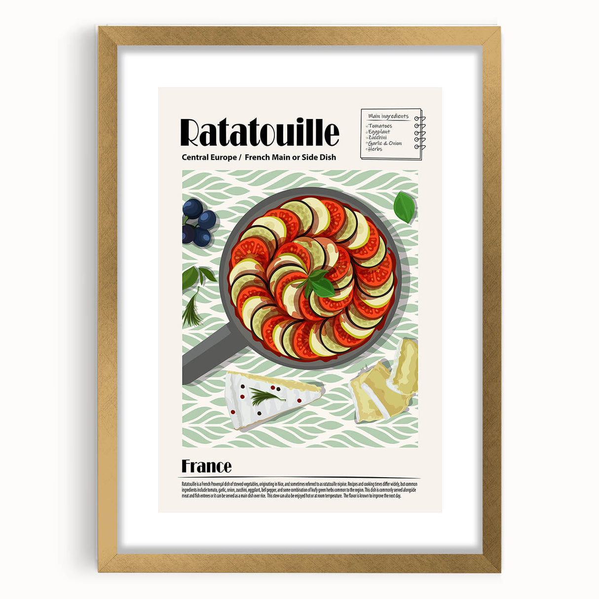 Extra large abstract art print of textured food dishes in muted earth tones, framed in gold, ideal for living room decor.