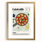 Extra large abstract art print of textured food dishes in muted earth tones, framed in gold, ideal for living room decor.