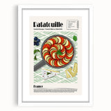 Abstract art print of assorted food dishes in muted earth tones, framed in white, suitable for dining room decor.