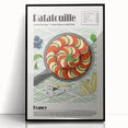 Large abstract wall art featuring assorted food dishes in mid-century modernist style, acrylic print in black frame.