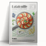 Art deco poster featuring an array of stylized food dishes in bold colors on a white acrylic framed print.