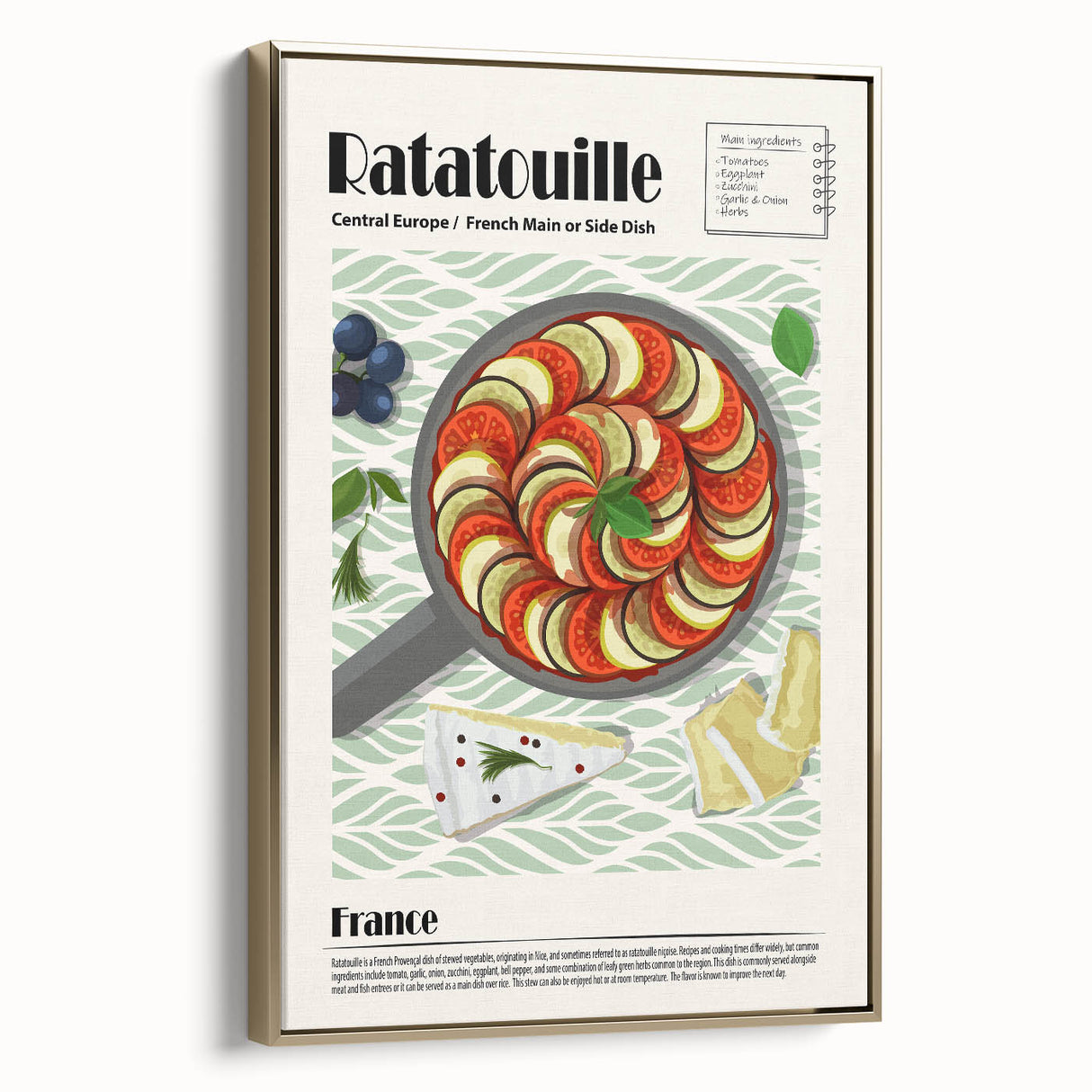 Framed canvas wall art featuring a vintage poster of assorted food dishes in black and gold tones, ideal for bedroom decor.