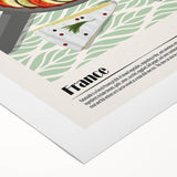 Art deco poster featuring an array of colorful food dishes on a rolled canvas, suitable for dining room decor.