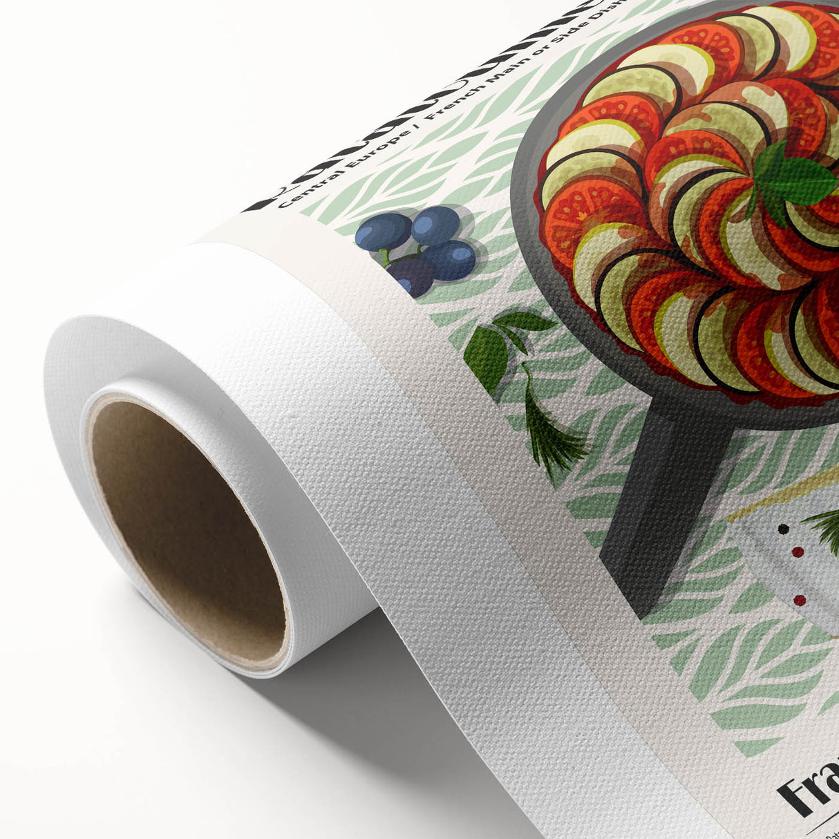 Art deco poster featuring an array of colorful food dishes on rolled canvas, suitable for dining room wall art.