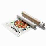 Extra large rolled print featuring various stylized food dishes in muted earth tones, suitable for classy bathroom wall art.