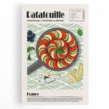 Black and white stretched canvas featuring an array of illustrated food dishes, ideal for kitchen wall art.