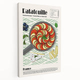 Large canvas featuring an array of illustrated food dishes in muted earth tones, ideal for kitchen wall art.