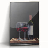 Mid-century modernist art depicting assorted fruits in vibrant colors on a silver-framed acrylic print.