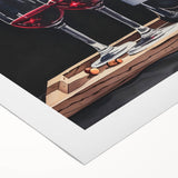 Art deco poster of cocktails and spirits in muted pastel colors on rolled canvas, suitable for dining room wall art.