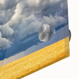 Close-up of a landscape barn design printed on high-quality acrylic glass, showcasing vibrant colors and intricate details, perfect for home decor.