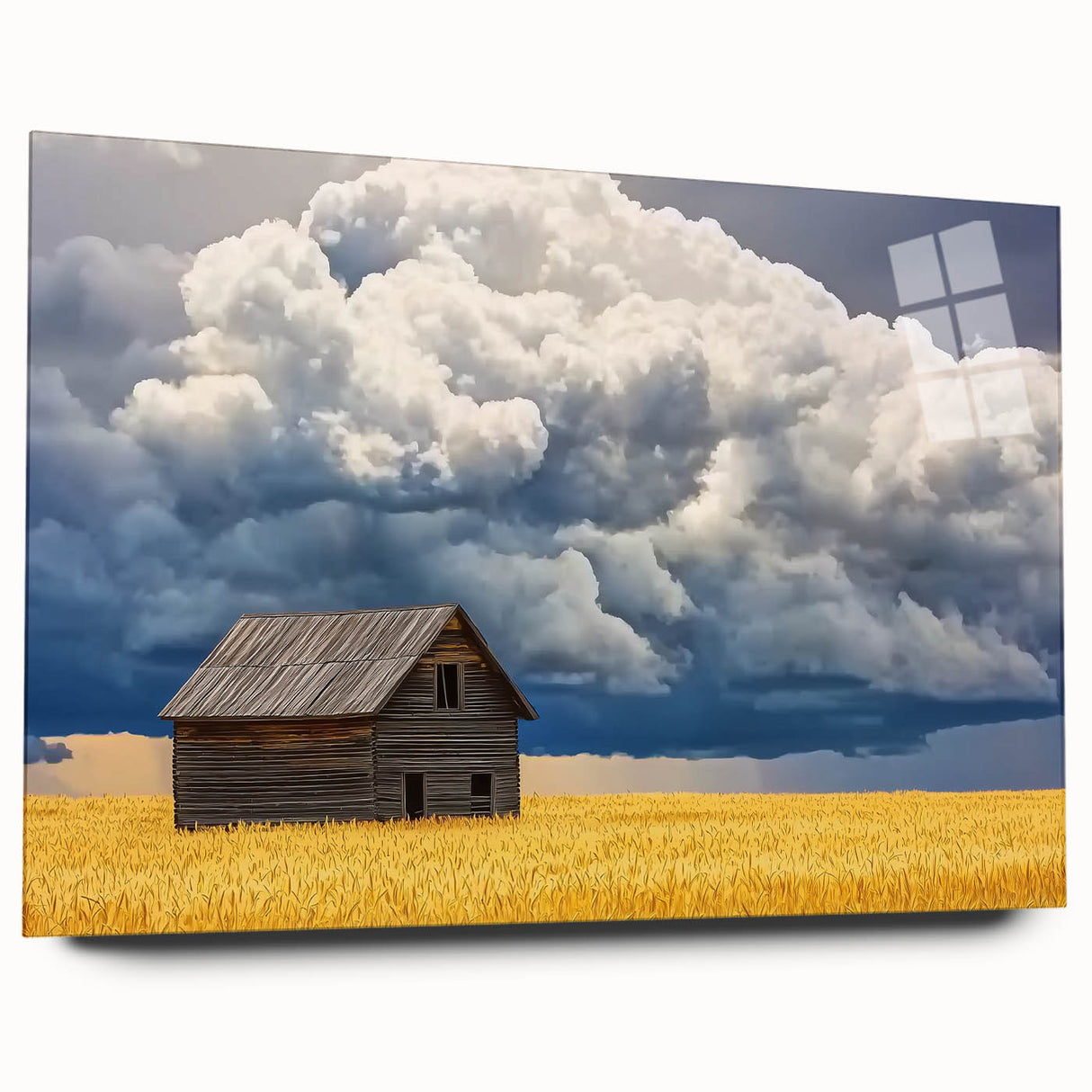 Acrylic glass landscape featuring a barn design in a side view without pins, showcasing vibrant colors and intricate details, perfect for rustic home decor.