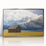 Landscape barn-framed acrylic art piece showcasing a serene rural scene with vibrant colors, featuring a rustic wooden frame enhancing its farmhouse aesthetic.