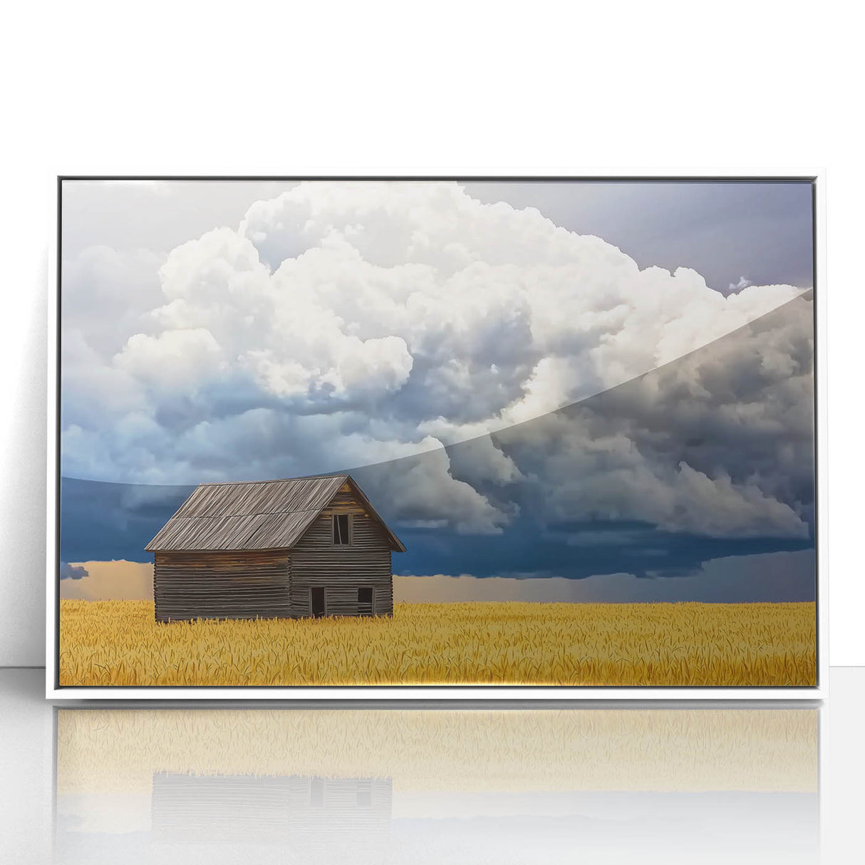 Elegant landscape artwork of a barn framed in white acrylic. The piece showcases vibrant colors and intricate details, enhancing any rustic or modern decor.