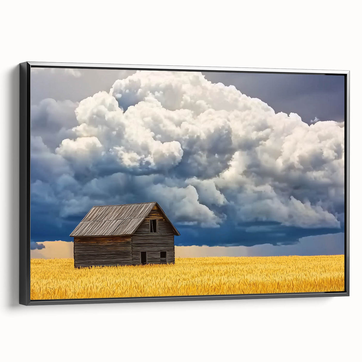 Landscape barn framed canvas art showcasing a serene rural scene with rich colors, presented from a black side view, perfect for home decor enthusiasts.